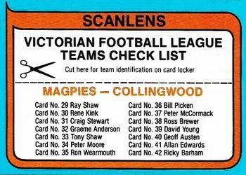 1980 Scanlens VFL #NNO Collingwood Checklist Front